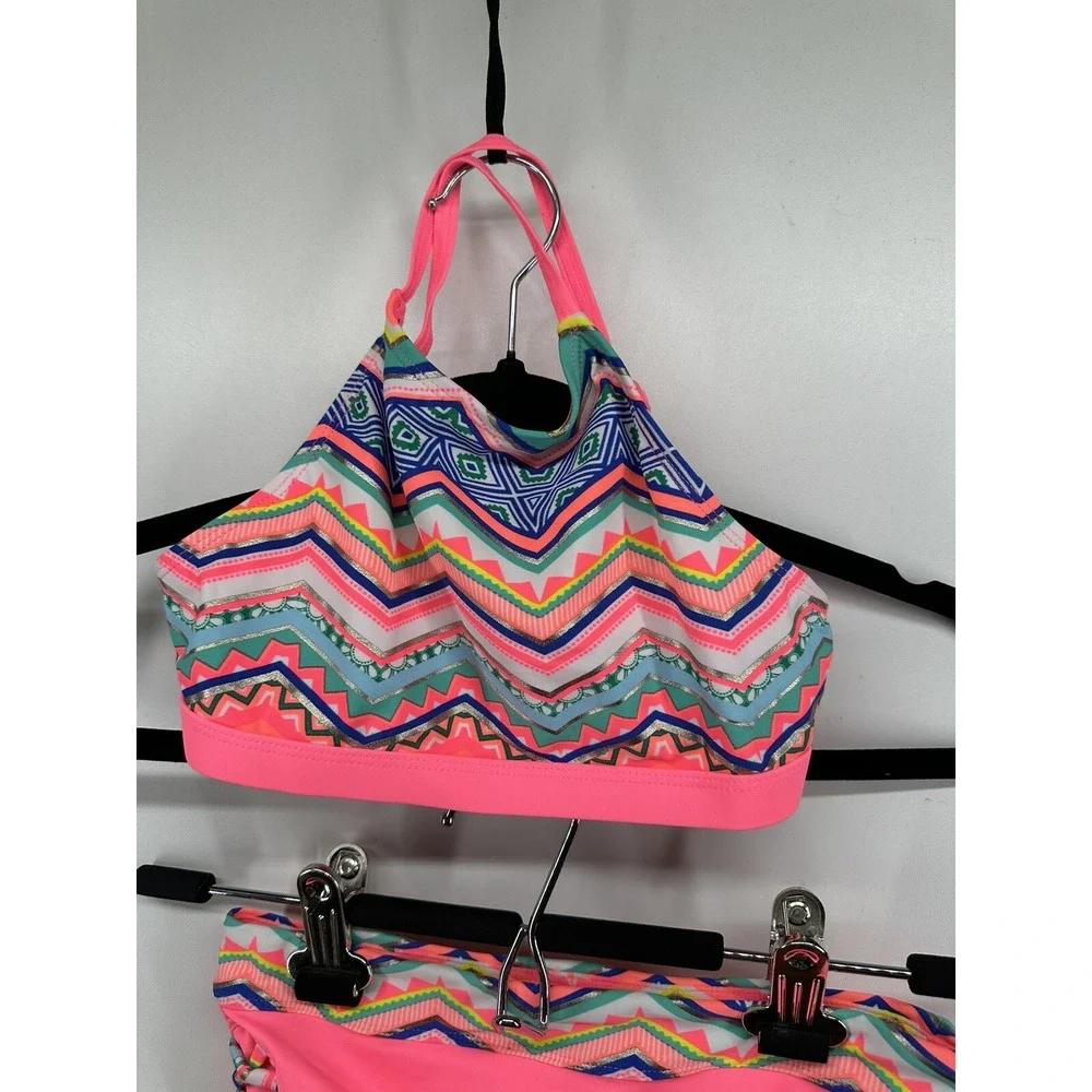 Bikini Set Bathing Suit Justice Girls Pink Geometric Print 2pc Sz 8 NEW No Tags